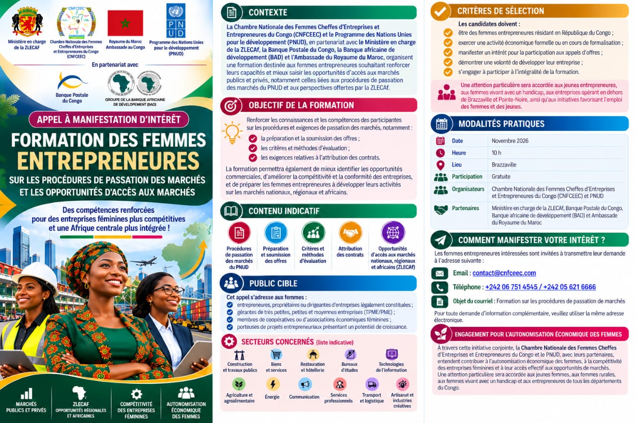 Affiche de la formation des femmes entrepreneures sur les procédures de passation des marchés, CNFCEEC et PNUD