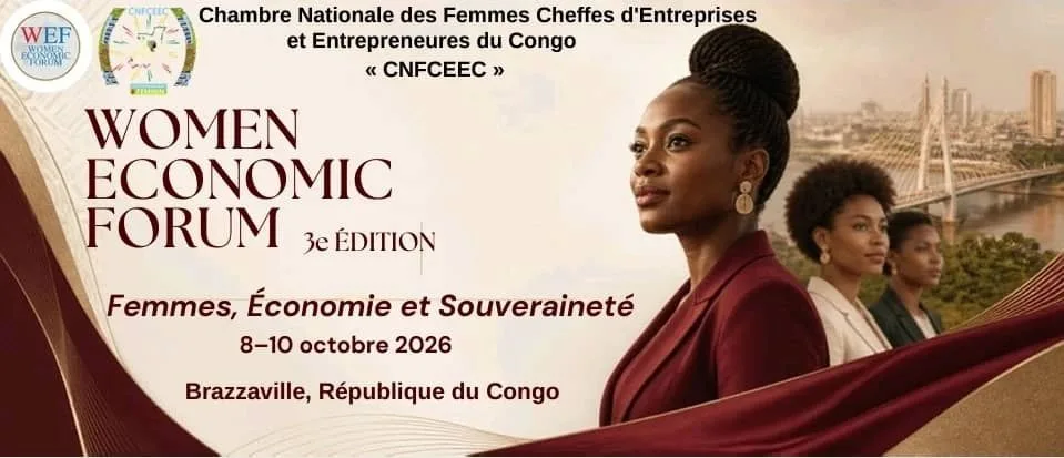 Affiche officielle du Women Economic Forum 2026, 3e édition, thème « Femmes, Économie et Souveraineté », 8-10 octobre 2026, Brazzaville